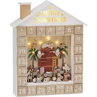 Ed Brubaker Adventskalender, kerststal met LED-verlichting, wit, goud, beige, 31,5 x 38,2 x 6,3 cm