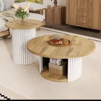 STILVORA Salontafelset - 2 Ronde Tafels Met Opbergruimte - Flexibel Voor Woonkamer - MDF - Natuurlijk - 75x75x50; 45x45x35 Cm