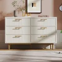 Flieks dressoir met 6 lades, woonkamerkast met gouden metalen poten, hoge kast/dressoir met lades, afmetingen 120x40x75,5 cm, wit
