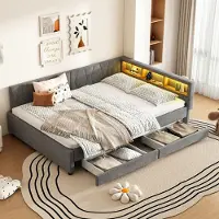 OKWISH uitklapbaar bed 90x200, studentenbed met matras en lades, kinderbed met USB+Type C, bed met afstandsbediening voor LED-verlichting, grijs