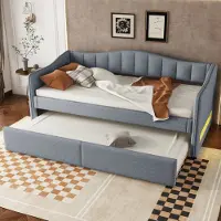 OKWISH Uittrekbare slaapbank, 90x200 cm, met uitschuifbaar bed van 90x200 cm en houten lattenbodem, geschikt als dagbed, kinderbed of studentenbed, met designverlichting (zonder matras) - grijs