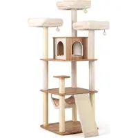 Costway Kraboom, 168 cm, grote kattenboom met meerdere verdiepingen, kattenmeubel met klimboom, hol, ladder, matten, ballen en hangmat, beige, natuurlijke kleur