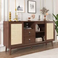 Aiorber Kommode, ruime opbergruimte, riet, 3 schuifdeuren, 2 lades, ademend, stabiel, dressoir, geschikt voor eetkamer of woonkamer, 155x38x80cm, bruin