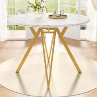 Sweiko Eettafel voor rundvlees (100x100x76 cm), keukentafel, salontafel voor 4 personen, geschikt voor eetkamer en woonkamer, stijlvolle metalen poten, tafelblad van MDF met marmerlook, goudkleurig