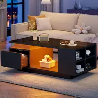 STILVORA Salontafel - Hoogglans Met Ledverlichting En Lade - Met 4 Zijvakken En Open Middenvak - Spaanplaat - Zwart - 100x50x36 Cm