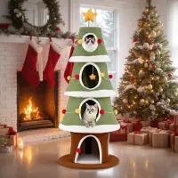 Costway Kraboom voor Kerst, 154 cm, kattenboom met 4 kattenhuisjes, krabplank, grote basis, sterren en ballen, kattenmeubel kerstboom, groen
