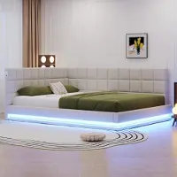 OKWISH Moderne uitschuifbare bed 160x200, tweepersoonsbed, kinderbed met LED-verlichting en USB-aansluiting, bijzetbed zonder matras met lattenbodem, beige