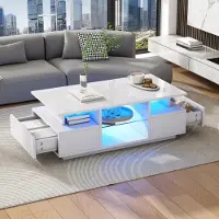 STILVORA Salontafel - Hoogglans Met Ledverlichting En 2 Lades - Met Glazen Legplanken Voor Woonkamer - Spaanplaat - Wit - 100x50x36 Cm