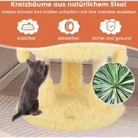 Northio Kattenkraspaal, 93 cm hoog, met kattenboommotief, voorzien van 2 kattenholletjes, roze en geel