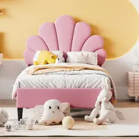 STILVORA Beklede kinderbed 90x200, gemaakt van fluweelstof. Bedframe met hoofdeinde in bloemvorm. Jugendbed met lattenbodem, zonder matras. Kleur: roze