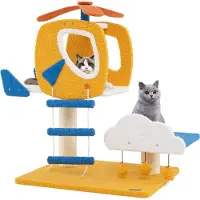 Costway Kraboom, 76 cm, kattenboom met helikopterthema, klimrek voor katten met een platform in de vorm van een wolk, speelgoed, sisal krabpalen en een ladder, geel