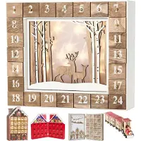 Ed Brubaker Adventskalender, bosmotief, hout, wit, natuurlijke uitstraling, met LED-verlichting, afmetingen 35,5 x 6 x 27 cm