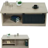 Mendler Salontafel -K75, bijzettafel woonkamertafel, schuifdeur 6 opbergvakken, houtlook metaal 44x120x60cm ~ natuurlijke kleur
