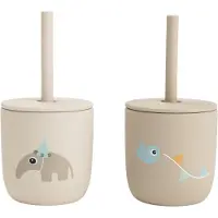 Done by Deer - Silicone straw cup 2-pack - Celebration Sand - Kop: Ø7 x H 7 cm. Sugerør: 13,5 cm.