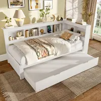 STILVORA slaapbank, dagbedmodel, 90 x 200 cm, met uitschuifbed, jeugdbedframe met USB-aansluiting en lattenbodem, inclusief matras, wit