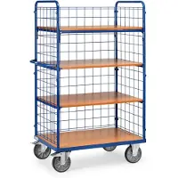 Fetra hoge etagewagen met 4 etages en lange wand van draadgaas met laadvlak van 1200 x 800 mm