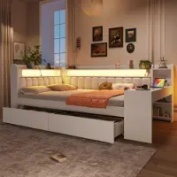 Flieks kinderbed met lederen bekleding en USB-aansluiting, dagbed met optie tot tweepersoonsbed en plank, houten bed, klassiek bed met bureau en lades, kinderbed wit