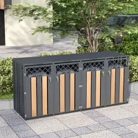 OKWISH Afvalcontainer Ombouw - 4 Vakken Met Hydraulische Klapdeksel - Afsluitbaar - Buiten Opbergen - Staal Grijs Houtlook