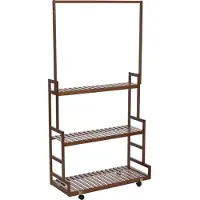 MCW Bamboe kapstok -Q33, kapstok, kledingrek, schoenenrek, met 1 stang en 3 planken, op wieltjes, 175x93x38 cm ~ bruin