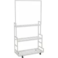 MCW Bamboe kapstok -Q33, kapstok, kledingrek, schoenenrek, met 1 stang en 3 planken, op wieltjes, 175x93x38 cm ~ wit