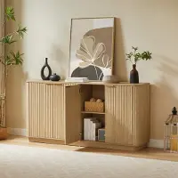 OKWISH Dressoir Tv Meubel Met Opbergruimte - 160×40×80 Cm - 4 Deuren 4 Vakken - Golfvorm Met Verticale Strepen - Mdf Eiken