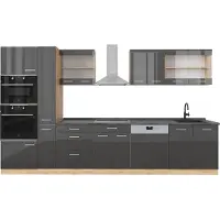 Vicco Complete keukeneenheid R-Line Antraciet hoogglans/goud eiken 350 cm met hoge kast, WB Antraciet, Model 49471