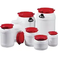 Curtec Weithalsfles, 15,0 liter, PE, wit met rode dop, zonder handgrepen. Vulopening: 204 mm