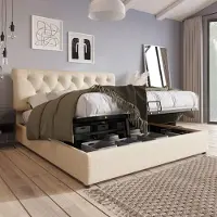 Sweiko -Hydraulisch gestoffeerd tweepersoonsbed 160x200cm- verstelbaar hoofdeinde- modern bedframe met opbergruimte- naturel- zonder matras