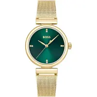 BOSS quartz goud dames horloge met groene wijzerplaat & mesh band