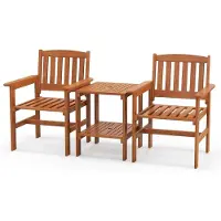 KOMFOTTEU 3-delige meubelset van hout, set met 2 stoelen en tafel met gat voor parasols, conversatieset met rugleuning en armleuningen, voor terras, balkon