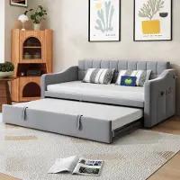 OKWISH Gestoffeerd Bed 90x190 cm - Uittrekbaar naar 180x190 cm - USB Oplaadpunten - Met Opbergruimte - Fluweel Lichtgrijs - Zonder matras