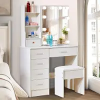 Sonstiges Aovquof Schminktafel met LED-verlichting, stoel, wit, hout