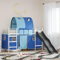 Prolenta Maison Exclusive - Stapelbed voor kinderen met gordijnen, wit en blauw, 90 x 190 cm