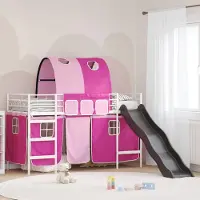 Prolenta Maison Exclusive - Stapelbed voor kinderen met gordijnen, wit en roze, 100 x 190 cm
