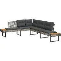vidaXL Tuinbank met kussens L-vormig poly rattan en acaciahout grijs