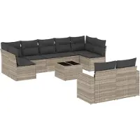vidaXL 10-delige Loungeset met kussens poly rattan lichtgrijs