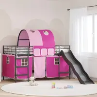Prolenta Maison Exclusive - Stapelbed voor kinderen met gordijnen, uni, zwart en roze, metalen frame