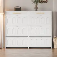 OKWISH Schoenenkast Set Van 2 – 12 Verstelbare Vakken En 2 Lades – Smal Voor Hal En Entree – MDF Wit – 140×25×123,5 Cm