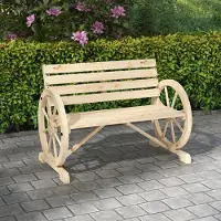 MODFU - Tuinbank 2-Zits - Landelijke Stijl - Wagenwiel Armleuningen - Massief Vurenhout - Naturel Hout - Draagkracht Tot 240 Kg