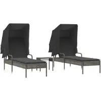 vidaXL Ligbedden 2 st met luifels en tafel poly rattan grijs