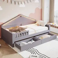 STILVORA Eenpersoonsbed 90x200 cm – met LED-Lichtstrip & 2 Ruime Lades – Ideaal voor Kinder- en Tienerkamer – Massief Hout+MDF – Grijs – Zonder matras