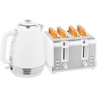 HOMCOM RVS waterkoker- en broodrooster set, 2200 W, 1,7 liter, broodrooster met 4 gleuven, 7 bruiningsgraden, snelle opwarmfunctie, Strix-thermostaat, kalkfilter en kruimellade, wit