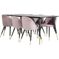 Ebuy24 Dipp180x90BLBR eethoek eetkamertafel zwart en 6 Velvet eetkamerstal velours roze, zwart, messing decor.