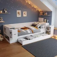 Sweiko kinderbed, dagbed, 90 x 200 cm, eenpersoonsbed, multifunctioneel kinderbed met lades, planken en opbergruimte, met nachtkastje, met opbergruimte, zonder matras, wit
