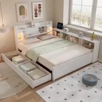 STILVORA 140x200, jeugdbed met zijdelingse opbergkasten en lades, kinderbed met hoofdeinde, opbergvak en 2 lampen, houten tweepersoonsbed, zonder matras, wit
