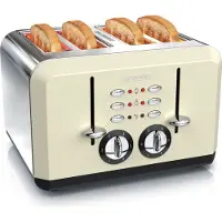 Arendo Toaster BREAKFAST X2 voor 4 sneetjes brood, 1630 W, 4 smalle gleuven, 6 bruiningsgraden, dubbelwandige behuizing, kruimellade, roestvrijstalen broodrooster in retro-design, beige