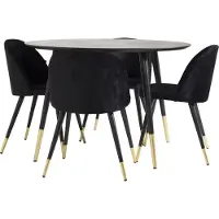 Ebuy24 DippØ115BLBR eethoek eetkamertafel zwart en 4 Velvet eetkamerstal velours zwart, messing decor.