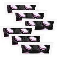 HOFTRONIC™ Set van 6 Durham Inbouwspots Dubbel Wit - GU10 - 4,5 Watt 350 lumen - RGB + WW - Wifi + BLE - Kantelbaar - IP20 - Rechthoek