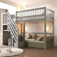 Flieks stapelbed 90x200 cm met valbeveiliging, hoogslaper met trap, kledingroede en opbergruimte, kinderbed, éénpersoonsbed met lattenbodem, grijs