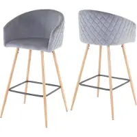 Mendler Set van 2 barkrukken -D72, barkruk aanrechtkruk keukenkruk met rugleuning, metaal houtlook ~ fluweel, grijs